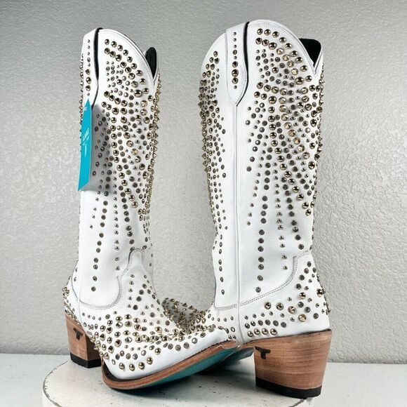 Lane DOLLY Womens Cowboy Boots 10 White Leather Gold Bling Western Bridal Tall